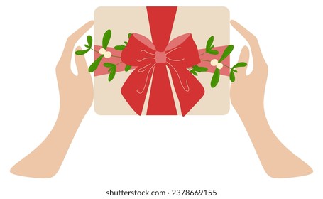 Manos para atrás caja de regalo de vacaciones. Presentando sorpresa navideña envuelta en envoltura festiva, paquete, decorado con lazo de lazo y rama de mistletoe de Navidad. Ilustración vectorial plana aislada en blanco 