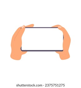 Hands hold horizontally mobile phone with blank screen. People arms are touching smartphone display. Phone mockup. Flat cartoon vector illustration isolated on white background.