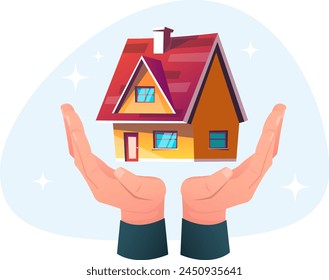 Hands hold the house, the concept of home defense. Stock vector illustration