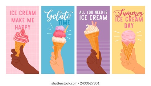 Las manos sostienen el helado. Dibujo animado diferente mano sosteniendo el cono de agua. Tarjeta con brazos con gelato colorido y postre helado. Afiche de humor de verano. Conjunto de vectores. Refrigerio o refrigerio con fruta fría