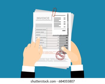Hands hold Invoice sheet, bill. Flat style illustration, invoice payment concept