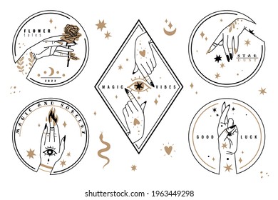 Hands hold items. Female mystical symbols, magic stars bohemian design, astrological vintage shapes, beautiful rose, eye. Vector labels