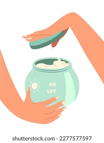 Hands hold Jar of Cream with strong SPF Level.Sunscreen Product Sunblock with Protection.Healthy Tanning and Sunbathing.Anti-UV Cream,Lotion.Colored flat vector illustration isolated, white background