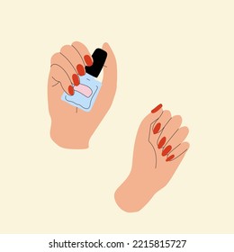 the hands hold a jar of nail polish, the hand next to it shows a manicure. Vector