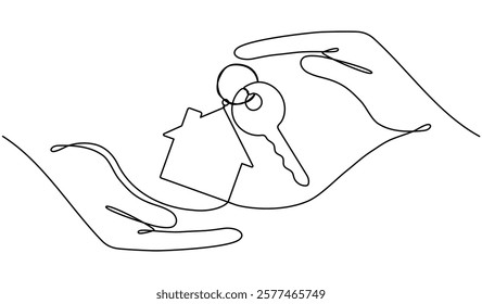 Hands hold key with house continuous one line art drawing. Real estate concept. Vector illustration isolated on white.