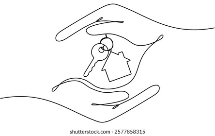 Hands hold key with house continuous one line art drawing. Real estate concept. Vector illustration isolated on white.