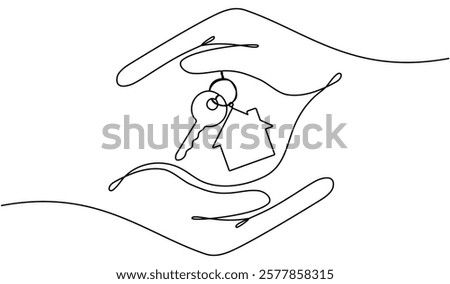 Hands hold key with house continuous one line art drawing. Real estate concept. Vector illustration isolated on white.