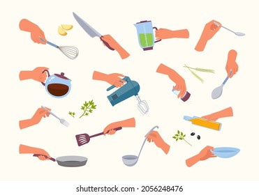 Hands hold kitchen appliances set  Frying in skillet and olive oil cooking   slicing food beating and mixer   hand whisk pouring soup into bowl and dish  Cartoon vector household 