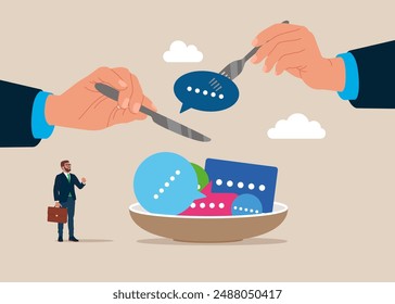 Hands hold knife fork cut eat speech bubbles. Discussion, conversation, meeting, team communication, colleague chatting, opinion. Flat vector illustration