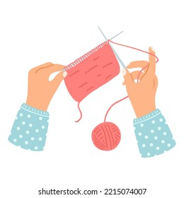Hands hold knitting needles and yarn. Hand drawn vector illustration of knitting process, concept of hobby, leisure time
