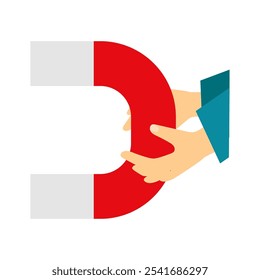 Hands hold a large magnet. Vector simple color flat illustration.