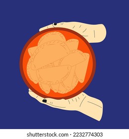  Hands hold Latin American food empanada in plate. Vector in cartoon style. All elements are isolated