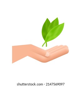 Hands hold a leaf of the plant, sapling. Male farmer, Gardening. Vector stock illustration.
