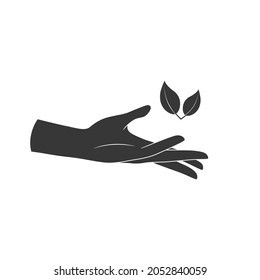 Hands hold a leaf of the plant. Vector illustration isolated on white background