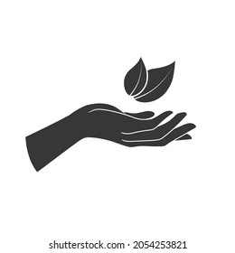 Hands hold a leaf of the plant. Vector illustration isolated on white background