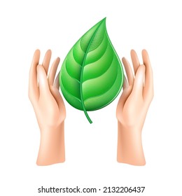 Las manos sostienen una hoja de la planta. Ilustración vectorial aislada en fondo blanco.