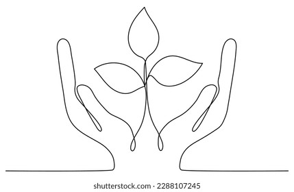 Hands hold leaves branch continuous line drawing  Plant in human arms one line art  Vector illustration isolated white 