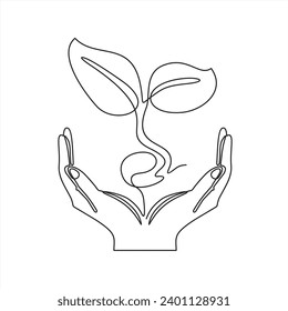 	
Hands hold leaves branch continuous line drawing. Plant in human arms one line art. Vector illustration isolated on white.	
