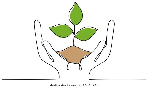 Hands hold leaves continuous line drawing. Plant branch with ground in human arms one line art. Vector illustration isolated on white.