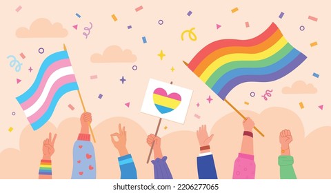 Die Hände tragen Doppelflags. Pride Monat oder Homosexuelle Parade, handwerkliche Menschen Gruppe, die Regenbogenschild und Plakat mit lgbtq Symbol Transgender-Community marschieren stolze Cartoon Vektorgrafik Stolz Lugut