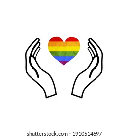 Hands hold a LGBT rainbow flag in heart shape, concept icon isolated on white background