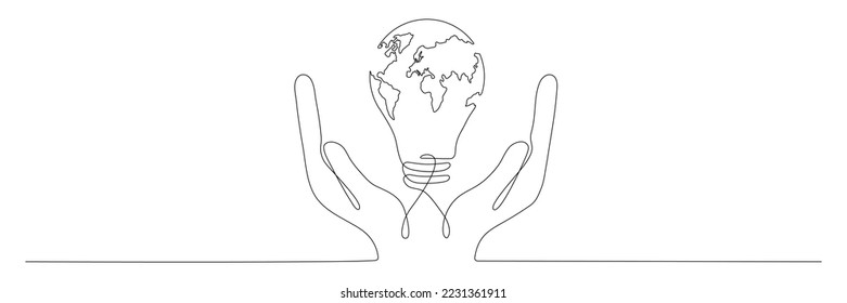 Hands hold lightbulb with Earth map one continuous line drawing. Vector isolated on white background.	