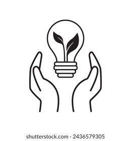 Hands hold lightbulb with leaves inside. Eco friendly green energy icon. Save energy. Vector illustration
