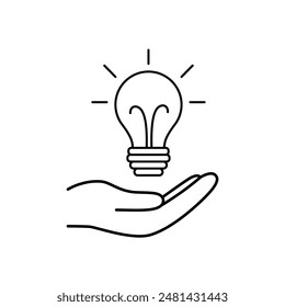Hands hold lightning lightbulb. Idea icon. Save energy concept. Lineart sign
