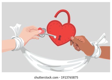 Hands hold a lock and a key. Engagement and marriage concept. Vector illustration in a flat style.