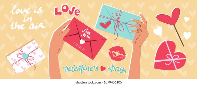 Hands hold love letters. Vector illustration for Valentine's Day