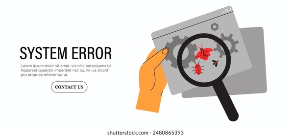 Hands hold magnifying glass fixing website error, deleting malware, searching virus, bug or system malfunction. System administrator fix program code. Programmer check corporate system protection.