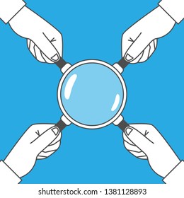 Hands hold a magnifying glass with four handles on blue background.
Analysis of the problem and searching for answer concept illustration. Teamwork metaphor.  