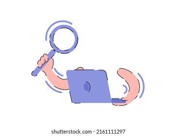 Hands hold a magnifying glass and a laptop. Search concept concept. Element for presentations, applications and sites. Trendy flat vector illustration.