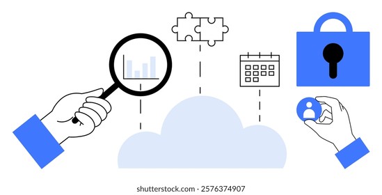 Hands hold a magnifying glass, a puzzle piece, and a user icon around a cloud graphic and security lock. Ideal for cloud computing, data security, analytics, teamwork, project management. Flat