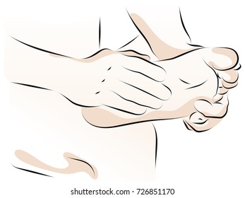 hands hold, massage the heel, foot, leg, toes. Massage of the feet. Colored vector illustration of a foot massage.