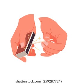 Hands hold match stick and retro cardboard matchbox to strike spark and light hot fire for cooking in kitchen, camp bonfire. Fingers of man holding matchstick and box cartoon vector illustration