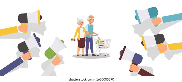 Hands hold megaphone, advertising old people, commercial campaign, character aged people, old male, female, isolated on white, flat vector illustration. Elderly couple with shop trolley.