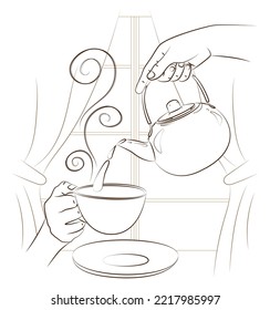 Manos sostienen tetera de metal y taza para tomar té en casa. Disfrute de una taza de té caliente en un ambiente acogedor. Relajante día libre, interesante conversación. Esbozo, dibujo de contorno lineal editable