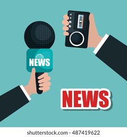 hands hold microphone and tape record news graphic