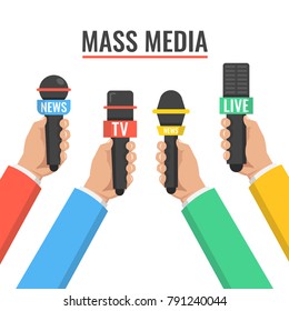 Hands Hold Microphones. Mass Media Interview Concept. The Reporters Of News Channels. Vector Illustration.