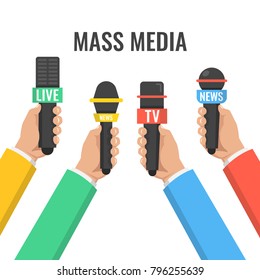 Hands Hold Microphones. Mass Media Interview Concept. The Reporters Of News Channels. Vector Illustration.