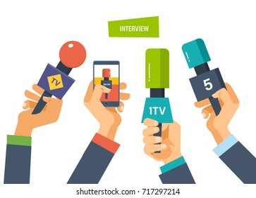 Hands hold microphones, telephones, cameras, reporters interview for publishers, press, television. Journalism, interviews. Live press conference collection of materials Vector illustration