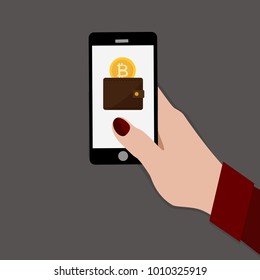 Hands hold mobile with gold bitcoin. Send money.  Crypto currency. Vector flat illustration. 