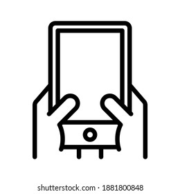 Hands hold mobile. Line vector. Isolate on white background.