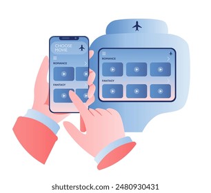 Las manos sostienen el teléfono móvil eligiendo película en el avión. Opción de televisión de pantalla de asiento. App en cabina para las opciones de películas. Selección de entretenimiento durante el vuelo a través del App móvil y la pantalla del asiento. Ilustración vectorial. 