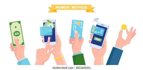 Hands Hold Mobile Phone With Credit Or Debit Card, Wallet With Money, Currency And Cash. Online Payment, Security Transaction. Internet Banking App On Cellphone. Vector Flat Design