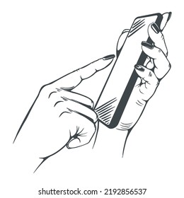 Hands hold a mobile phone. Dialing a number on the interactive screen. Sketch illustration. Isolated on white background. Vector.