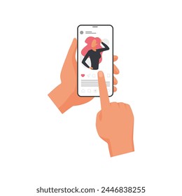 Las manos sostienen el teléfono móvil con la foto de la niña en la pantalla, App de redes sociales en la Ilustración vectorial del teléfono inteligente