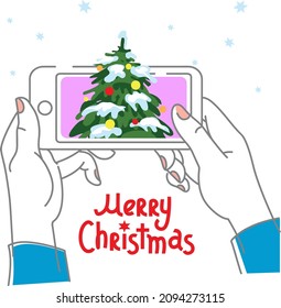 Hands hold the mobile phone, smartphone with Christmas tree. Communication concept for Christmas or New Year holidays. Vector cartoon illustration in flat line style on white background