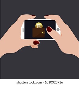 Hands hold mobile with wallet and gold bitcoin background. Save your money.  Crypto currency. Vector flat illustration. 